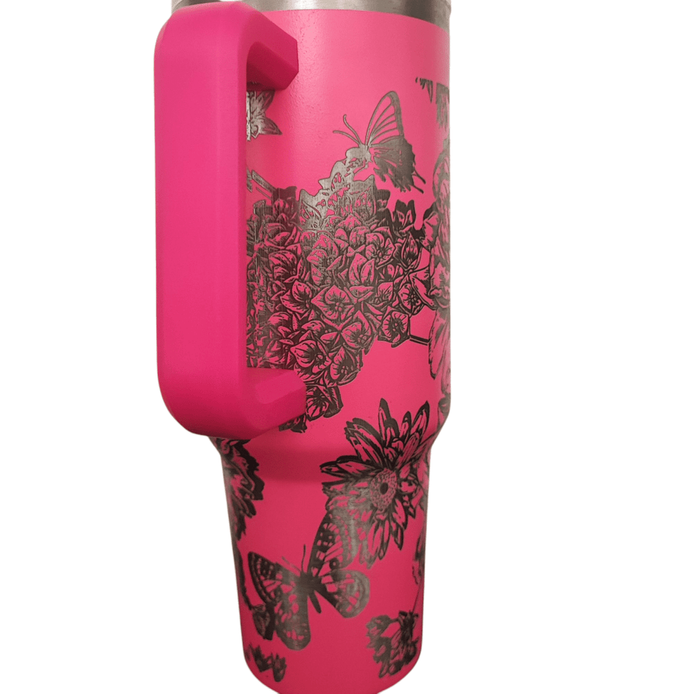40oz Stanley - Style Floral Butterfly Engraved Tumbler Stainless Steel Travel Mug - East Coast Gifts