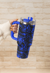☠️ 40oz Stanley Styled Skull Tumbler with Handle & Straw Gothic Travel Mug - East Coast Gifts