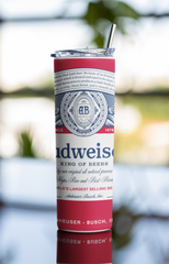 20oz Classic Budweiser Beer-Inspired Tumbler – Stainless Steel Cup w/ Straw