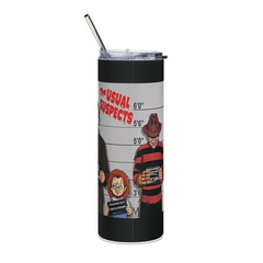 20oz Horror Mugshot Tumbler – “Usual Suspects” Slasher Lineup Cup w/ Straw & Lid