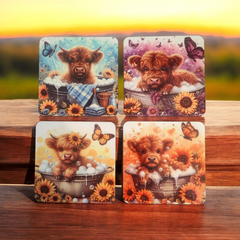 Cute Scottish Highland Cow Coaster Set of four wooden Coasters