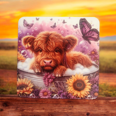 Cute Scottish Highland Cow Coaster Set of four wooden Coasters