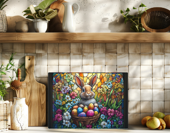 “Cute bunny in a basket of colorful Easter eggs, surrounded by flowers and a stained-glass-style background in warm tones.”