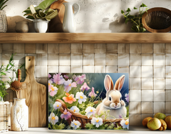 “Realistic bunny sitting inside a wicker basket among spring flowers, including white and purple blossoms. Forest background.”
