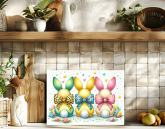 “Three pastel bunnies decorated with polka dots and floral bow ties in yellow, pink, and teal. Surrounded by heart and flower illustrations.”