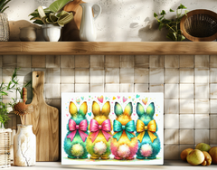 Four colorful fluffy bunnies with rainbow fur and oversized pink, teal, and yellow bows. Surrounded by floating hearts on a white background.”