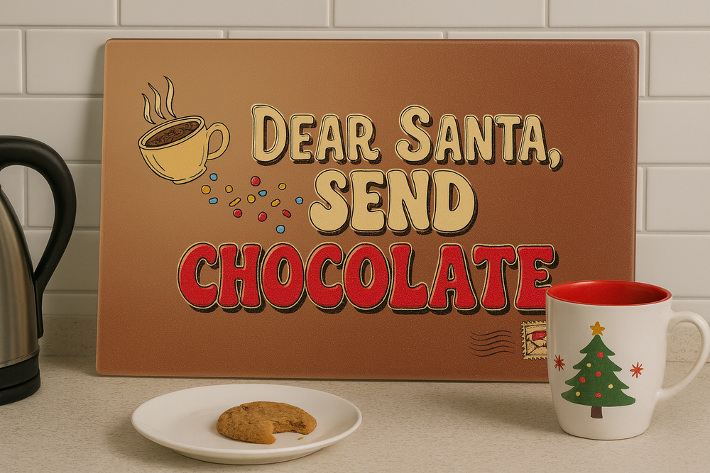 Decorative sign with 'Dear Santa, Send Chocolate' text on a kitchen counter with a mug and cookies.