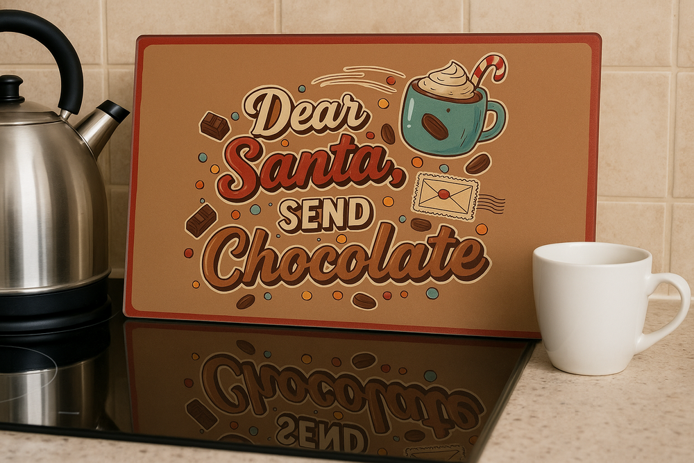 Chocolate bar with 'Dear Santa, Send Chocolate' text on a kitchen counter with a kettle and mug.