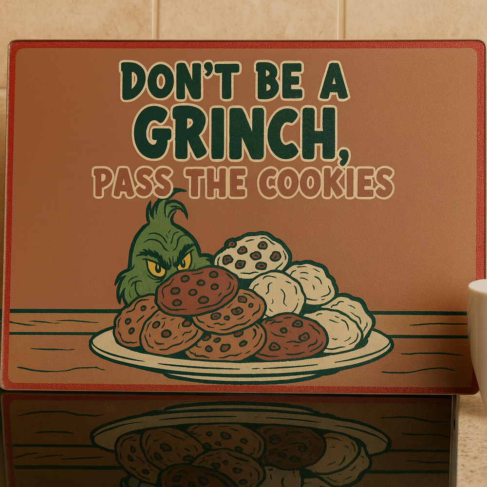 Glass Chopping Board with Grinch design and text 'Don't be a Grinch, pass the cookies' on a Kitchen worktop