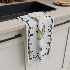 Dinosaur Christmas Towel – “Enjoy the Magic of Christmas” Holiday Kitchen Decor