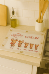 Personalised Hot Chocolate Station Reindeer Family Glass Chopping Board