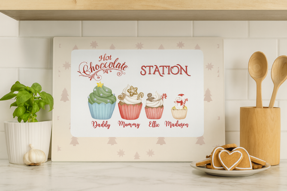Decorative sign for a hot chocolate station with cartoon cups on a kitchen counter.