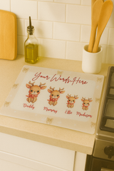 Personalised Hot Chocolate Station Reindeer Family Glass Chopping Board