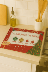 Personalized Christmas placemat with decorative elements on a kitchen counter.