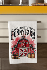 Funny Farm Tea Towel – Red Barn Kitchen Decor Gift, Welcome to the Farm UK - East Coast Gifts