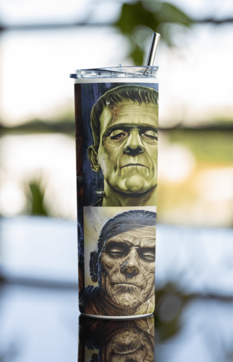 20oz Classic Monsters Horror Tumbler – Frankenstein Dracula Mummy Wolfman Cup - East Coast Gifts