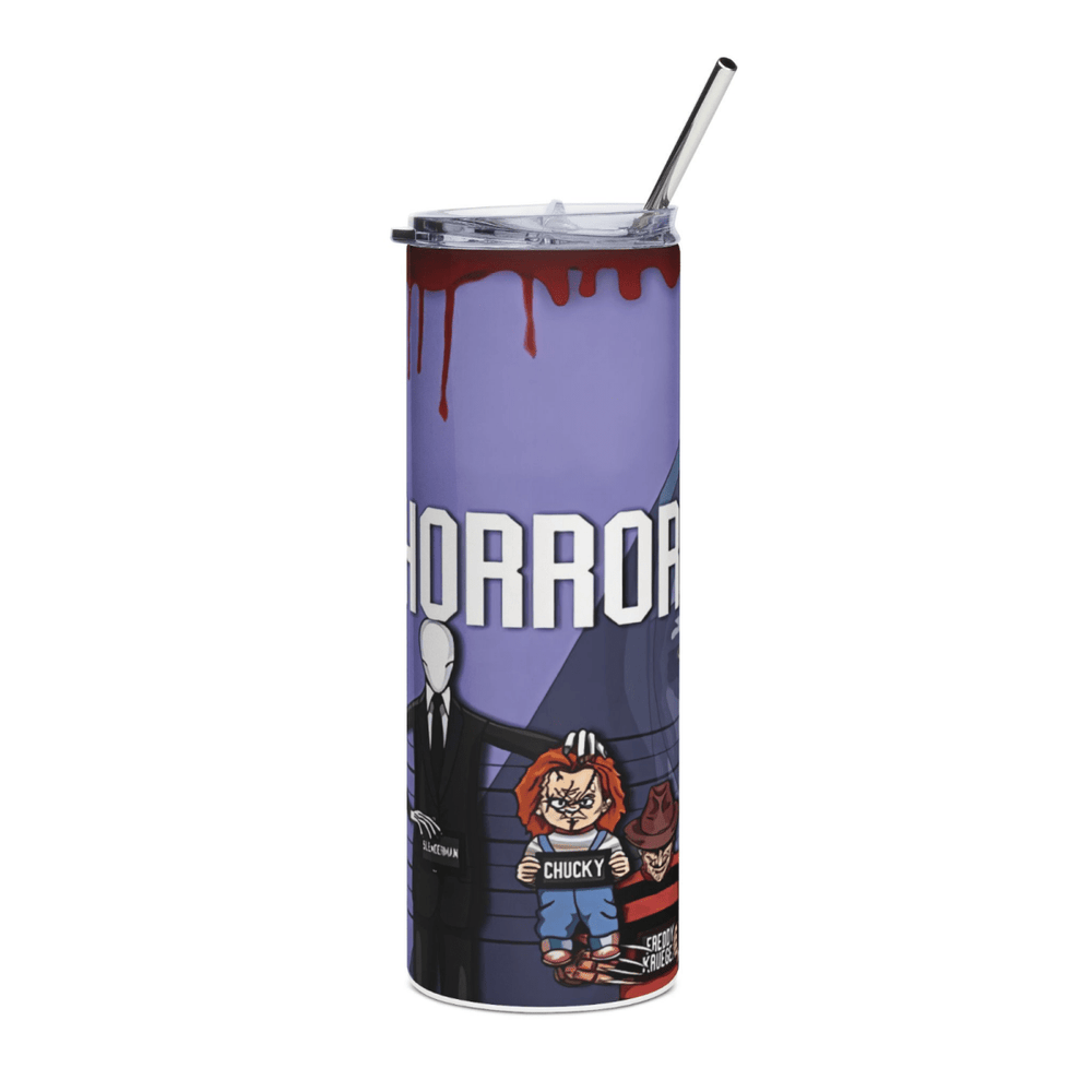 20oz Horror Character Mugshot Tumbler – Slasher Movie Cup w/ Straw & Lid - East Coast Gifts