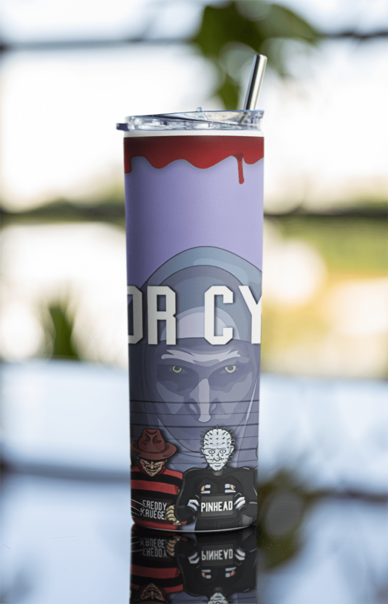 20oz Horror Character Mugshot Tumbler – Slasher Movie Cup w/ Straw & Lid - East Coast Gifts