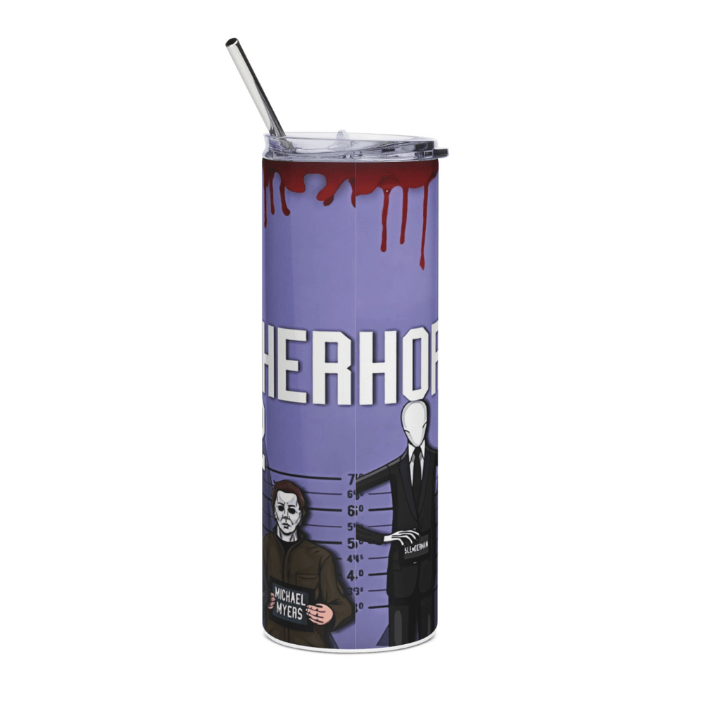 20oz Horror Character Mugshot Tumbler – Slasher Movie Cup w/ Straw & Lid - East Coast Gifts