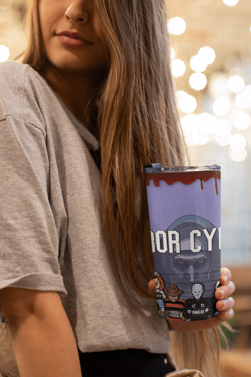 20oz Horror Character Mugshot Tumbler – Slasher Movie Cup w/ Straw & Lid - East Coast Gifts