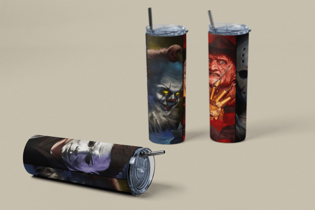 20oz Horror Legends Skinny Tumbler Freddy, Jason, Pennywise, Michael Myer Mug - East Coast Gifts