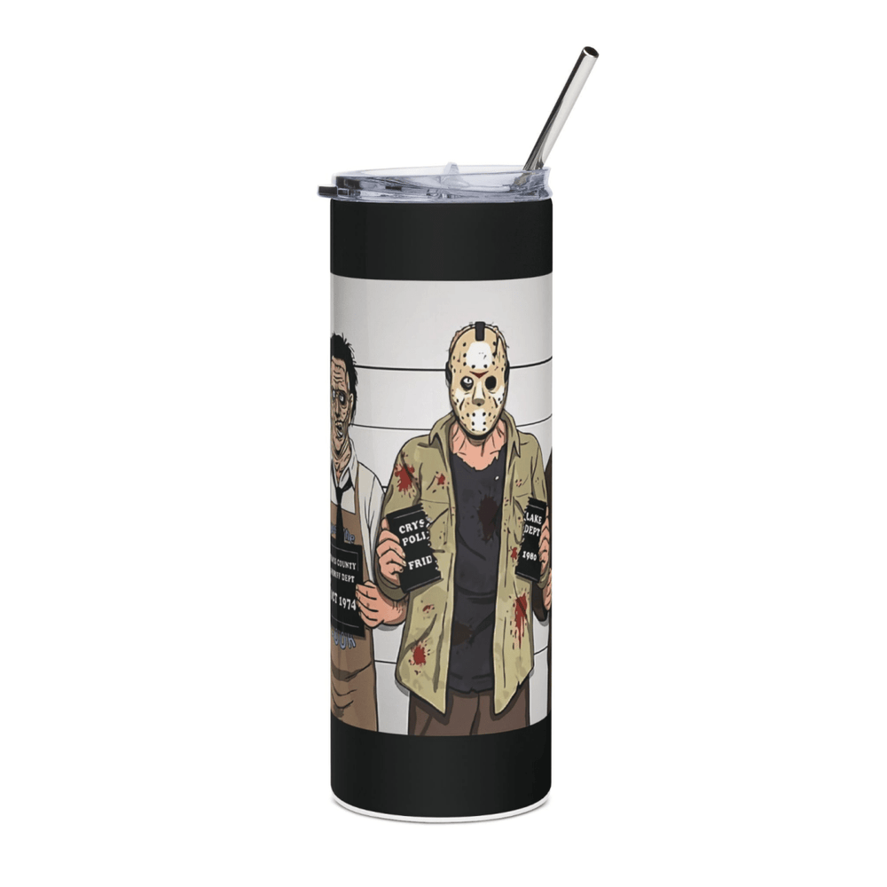20oz Horror Mugshot Tumbler – “Usual Suspects” Slasher Lineup Cup w/ Straw & Lid - East Coast Gifts