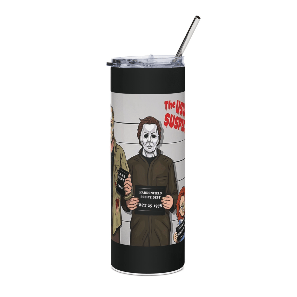 20oz Horror Mugshot Tumbler – “Usual Suspects” Slasher Lineup Cup w/ Straw & Lid - East Coast Gifts