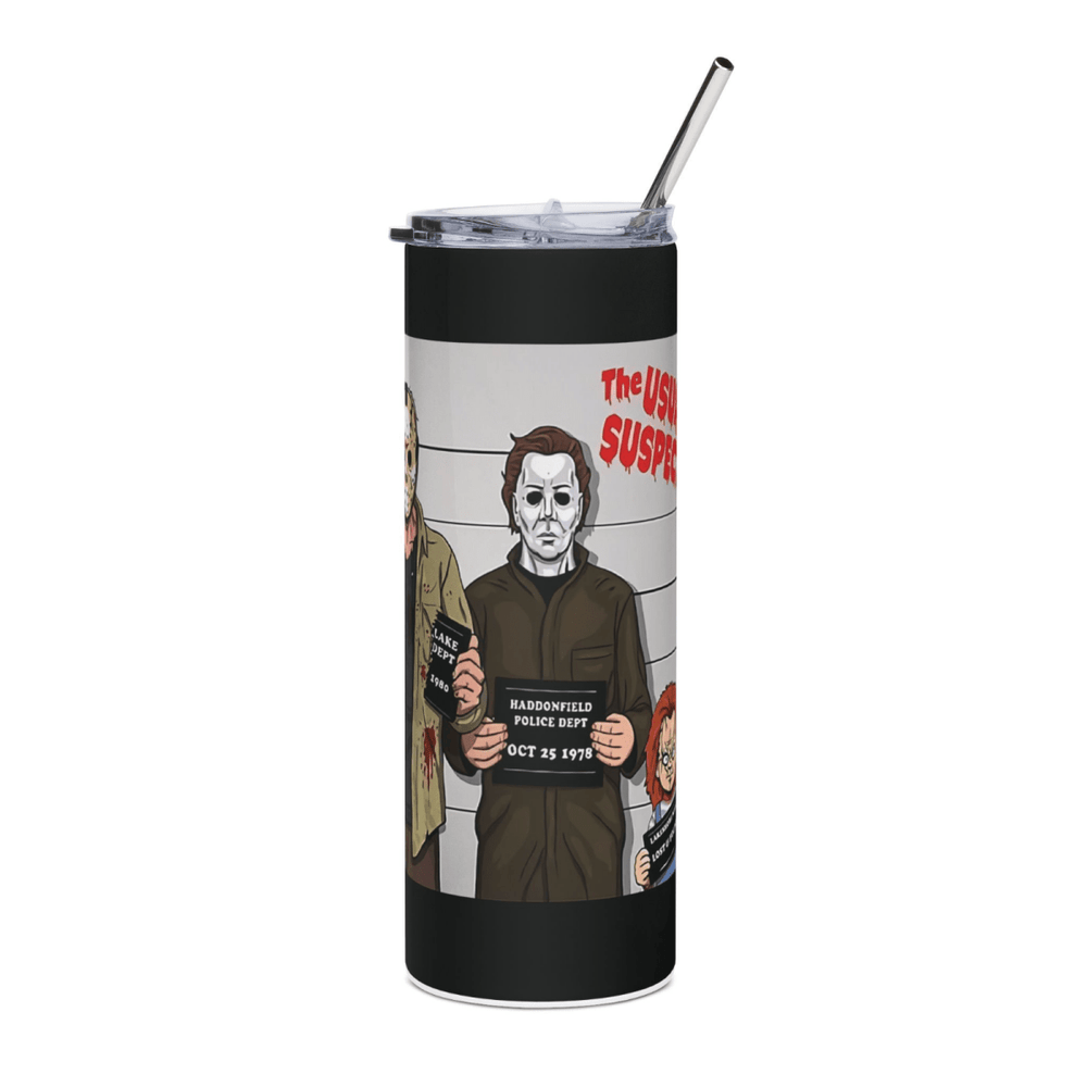 20oz Horror Mugshot Tumbler – “Usual Suspects” Slasher Lineup Cup w/ Straw & Lid - East Coast Gifts