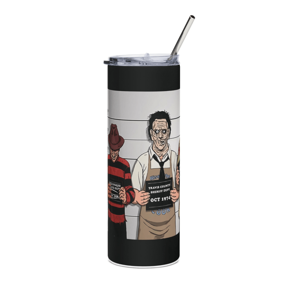 20oz Horror Mugshot Tumbler – “Usual Suspects” Slasher Lineup Cup w/ Straw & Lid - East Coast Gifts