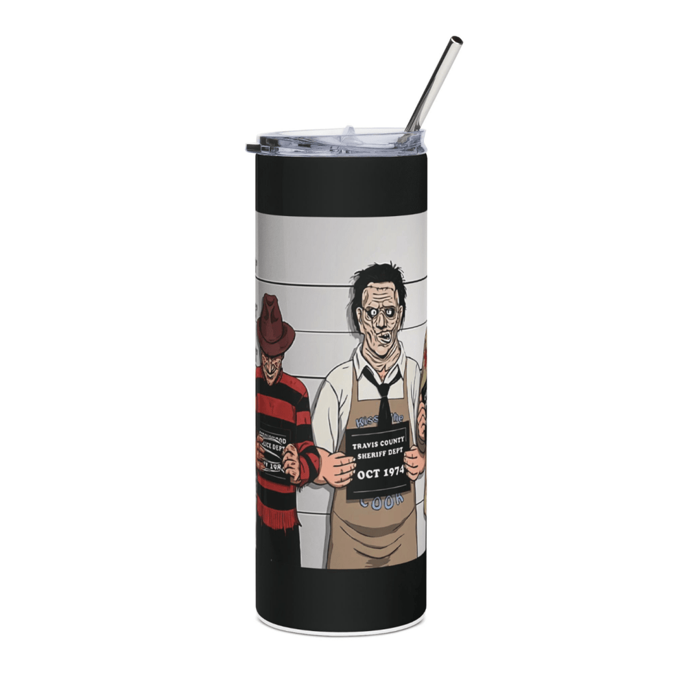 20oz Horror Mugshot Tumbler – “Usual Suspects” Slasher Lineup Cup w/ Straw & Lid - East Coast Gifts