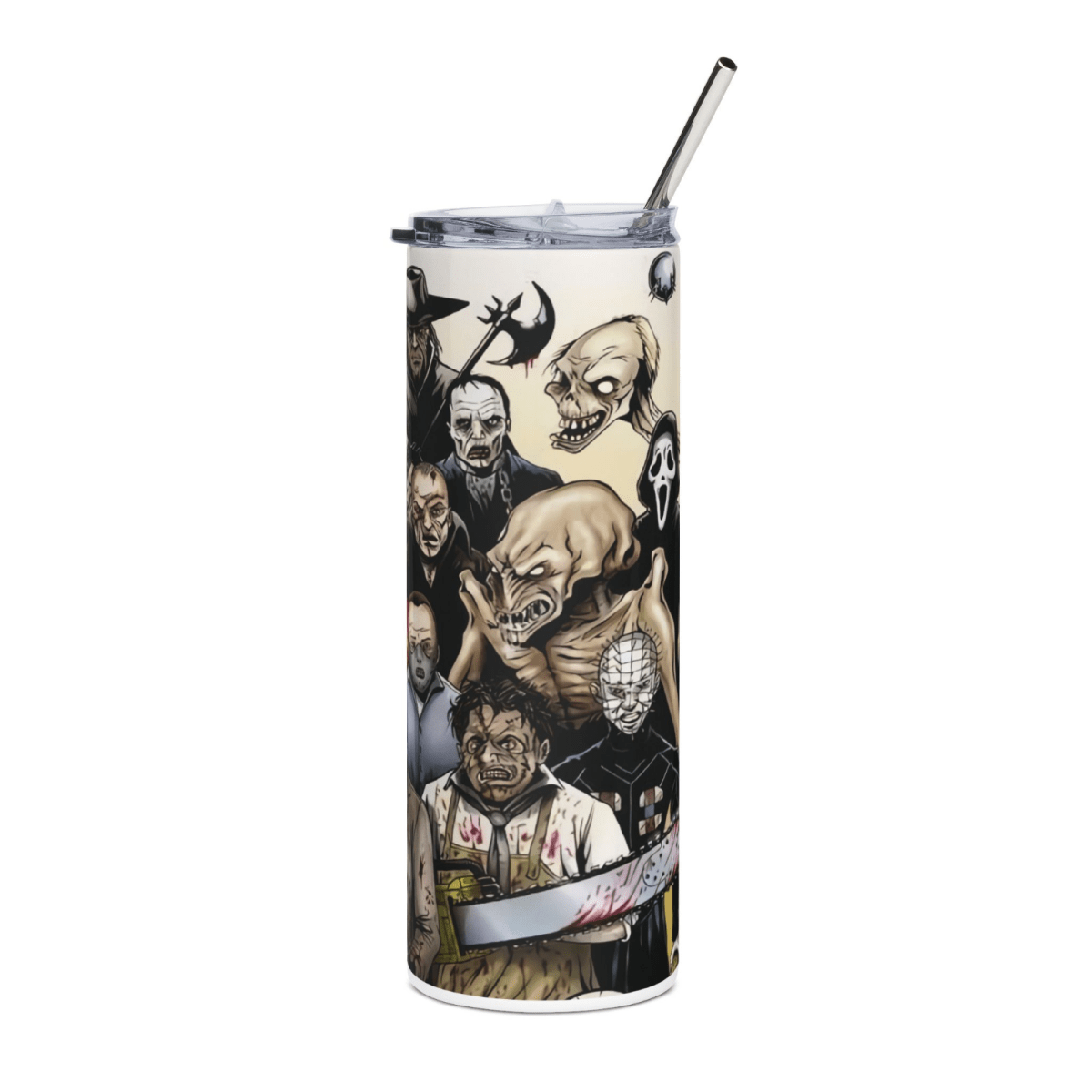 20oz Horror Villains Collage Tumbler – Slasher Movie Stainless Steel Cup & Straw - East Coast Gifts