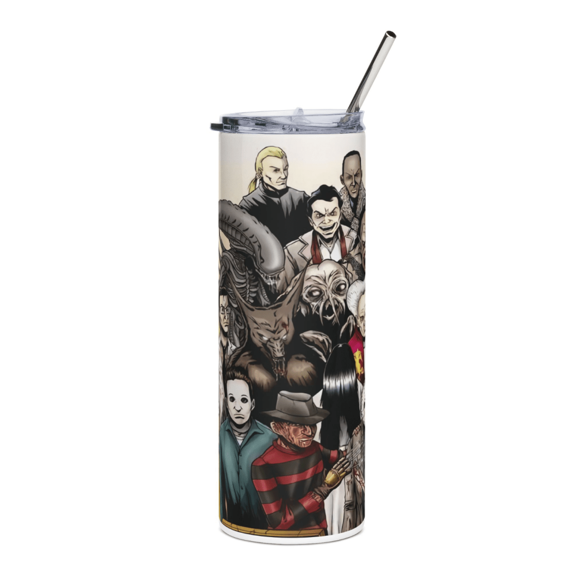20oz Horror Villains Collage Tumbler – Slasher Movie Stainless Steel Cup & Straw - East Coast Gifts