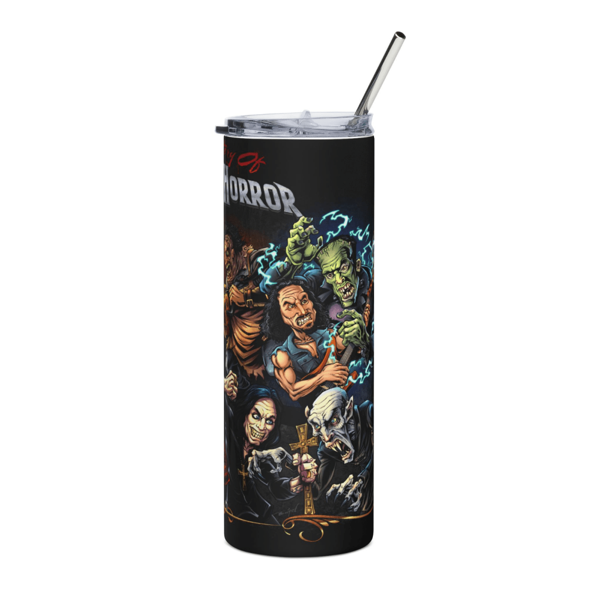 20oz Skinny Tumbler – Horror Metal Slasher Rock Characters Cup with Lid & Straw - East Coast Gifts