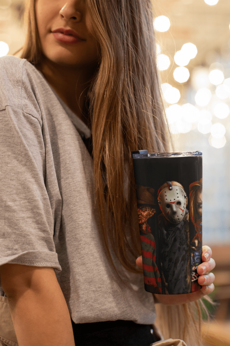 20oz Slasher Legends Tumbler – Freddy Jason Chucky Leatherface Michael Myers Cup - East Coast Gifts