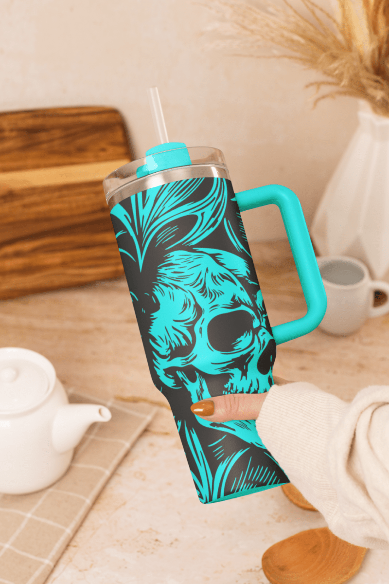 40oz Gothic Skull Style Tumbler with Handle & Straw – Double Wall Insulated Cup - East Coast Gifts