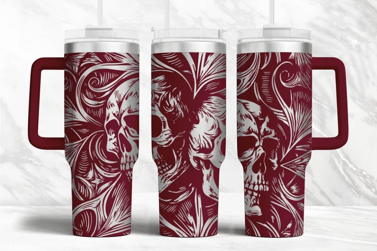 40oz Gothic Skull Style Tumbler with Handle & Straw – Double Wall Insulated Cup - East Coast Gifts