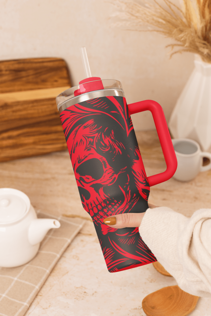 40oz Gothic Skull Style Tumbler with Handle & Straw – Double Wall Insulated Cup - East Coast Gifts