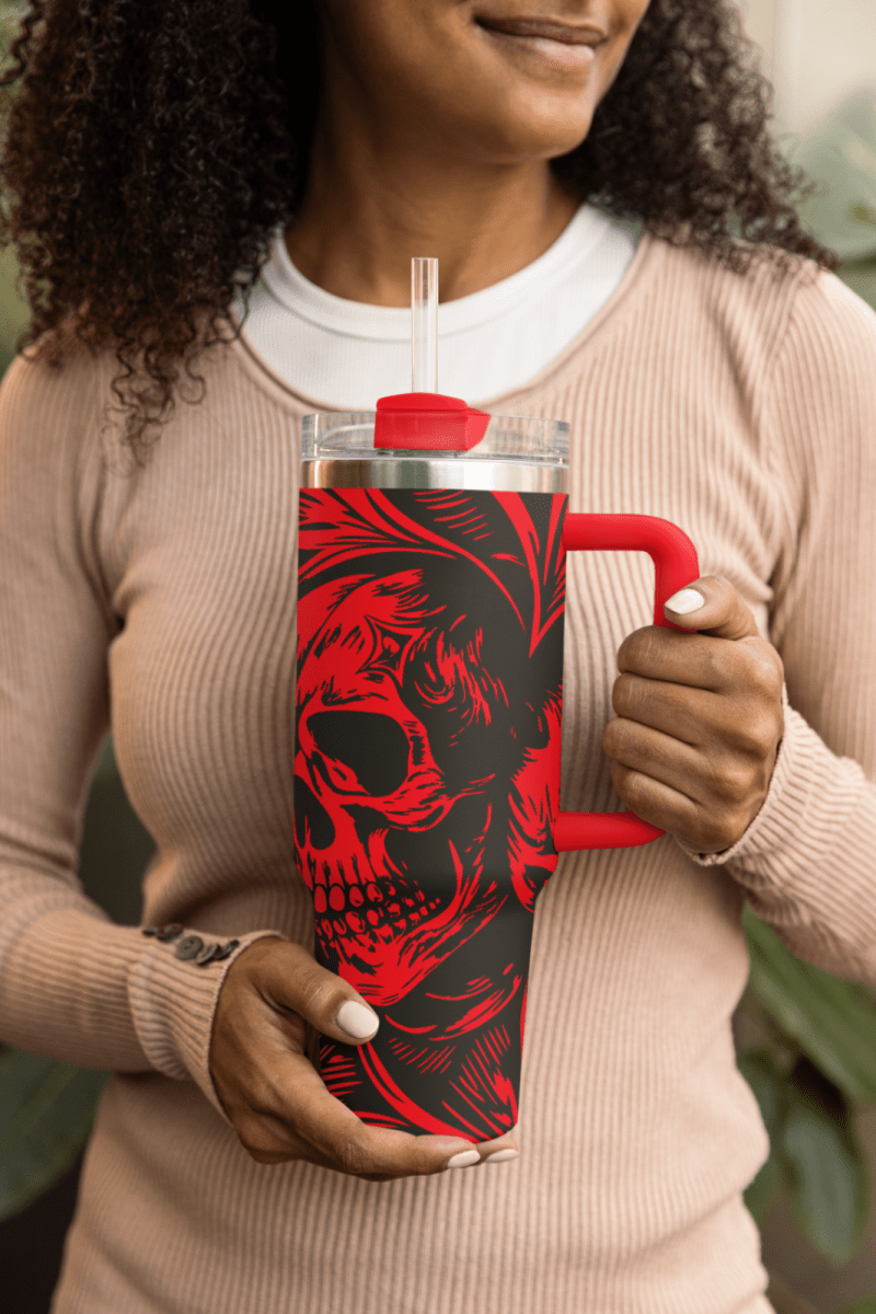 40oz Gothic Skull Style Tumbler with Handle & Straw – Double Wall Insulated Cup - East Coast Gifts