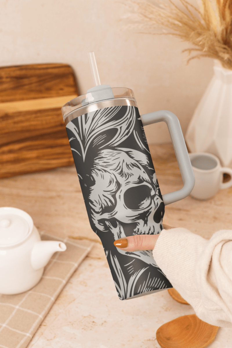 40oz Gothic Skull Style Tumbler with Handle & Straw – Double Wall Insulated Cup - East Coast Gifts