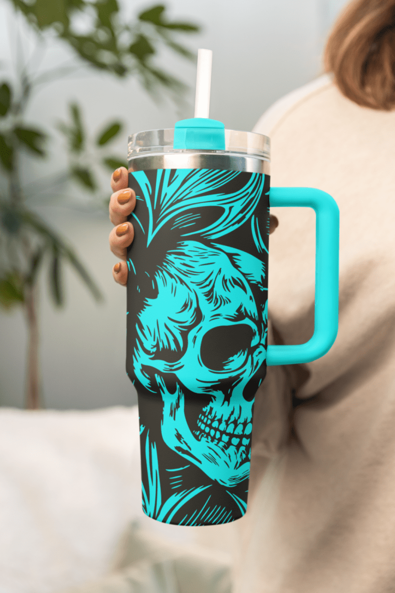 40oz Gothic Skull Style Tumbler with Handle & Straw – Double Wall Insulated Cup - East Coast Gifts