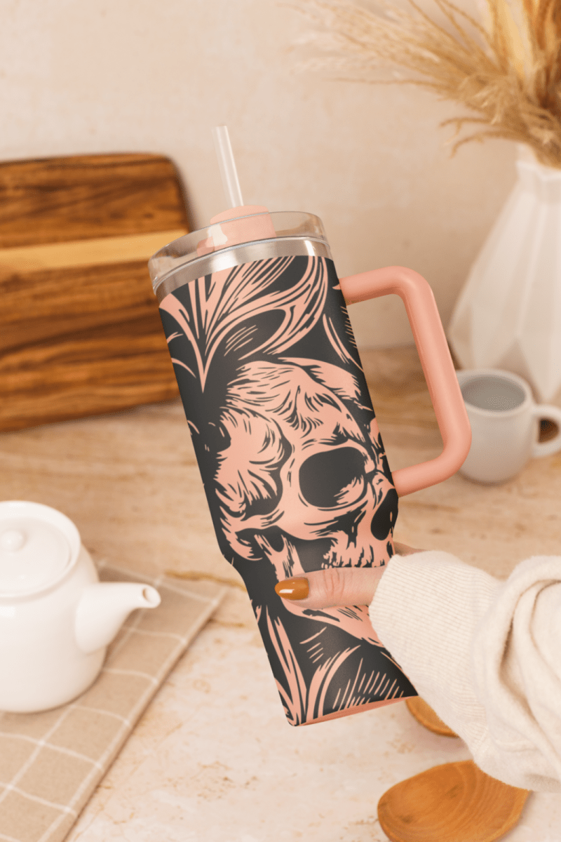 40oz Gothic Skull Style Tumbler with Handle & Straw – Double Wall Insulated Cup - East Coast Gifts
