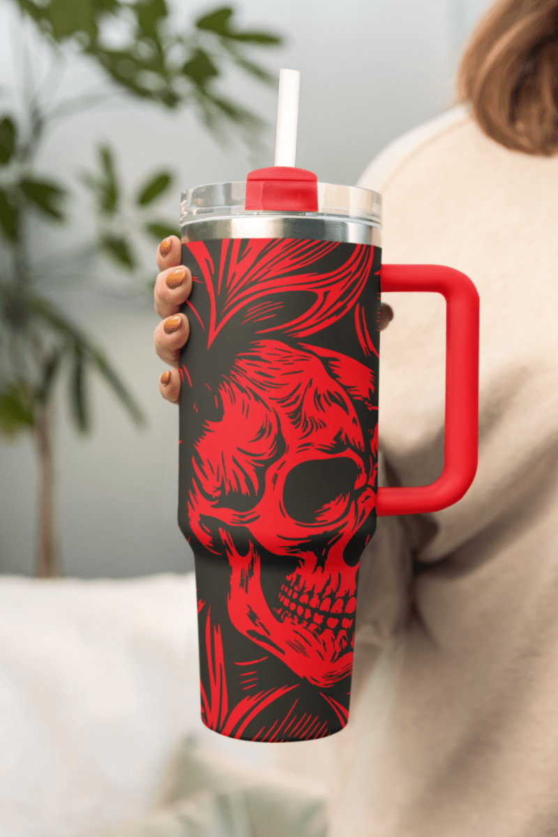 40oz Gothic Skull Style Tumbler with Handle & Straw – Double Wall Insulated Cup - East Coast Gifts