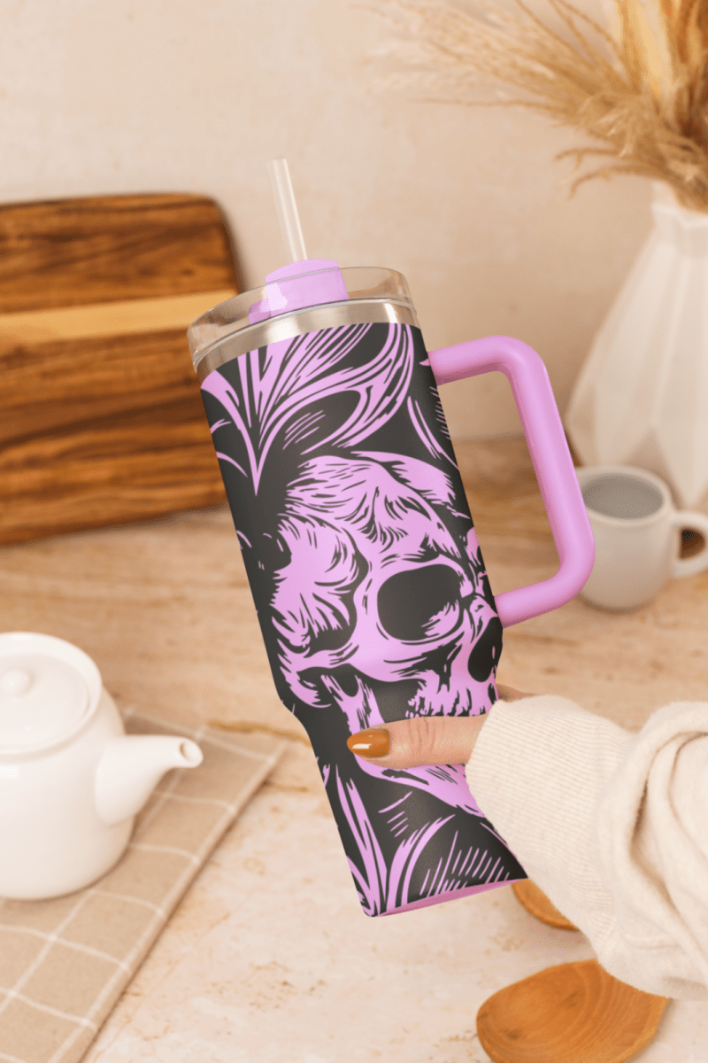 40oz Gothic Skull Style Tumbler with Handle & Straw – Double Wall Insulated Cup - East Coast Gifts
