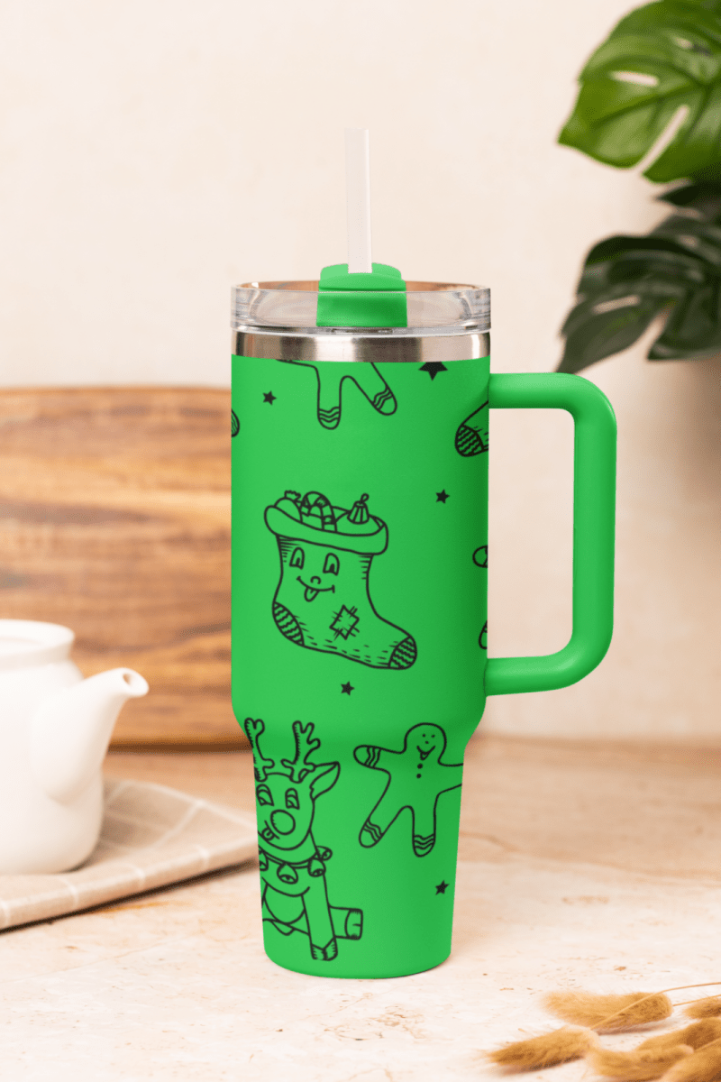 🦌 40oz Stanley Style Engraved Christmas Tumbler – Reindeer Mug with Straw 🎄 - East Coast Gifts