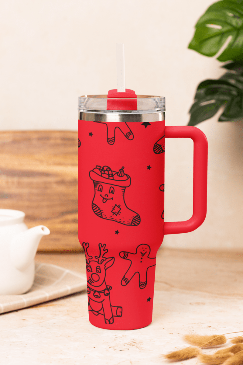 🦌 40oz Stanley Style Engraved Christmas Tumbler – Reindeer Mug with Straw 🎄 - East Coast Gifts