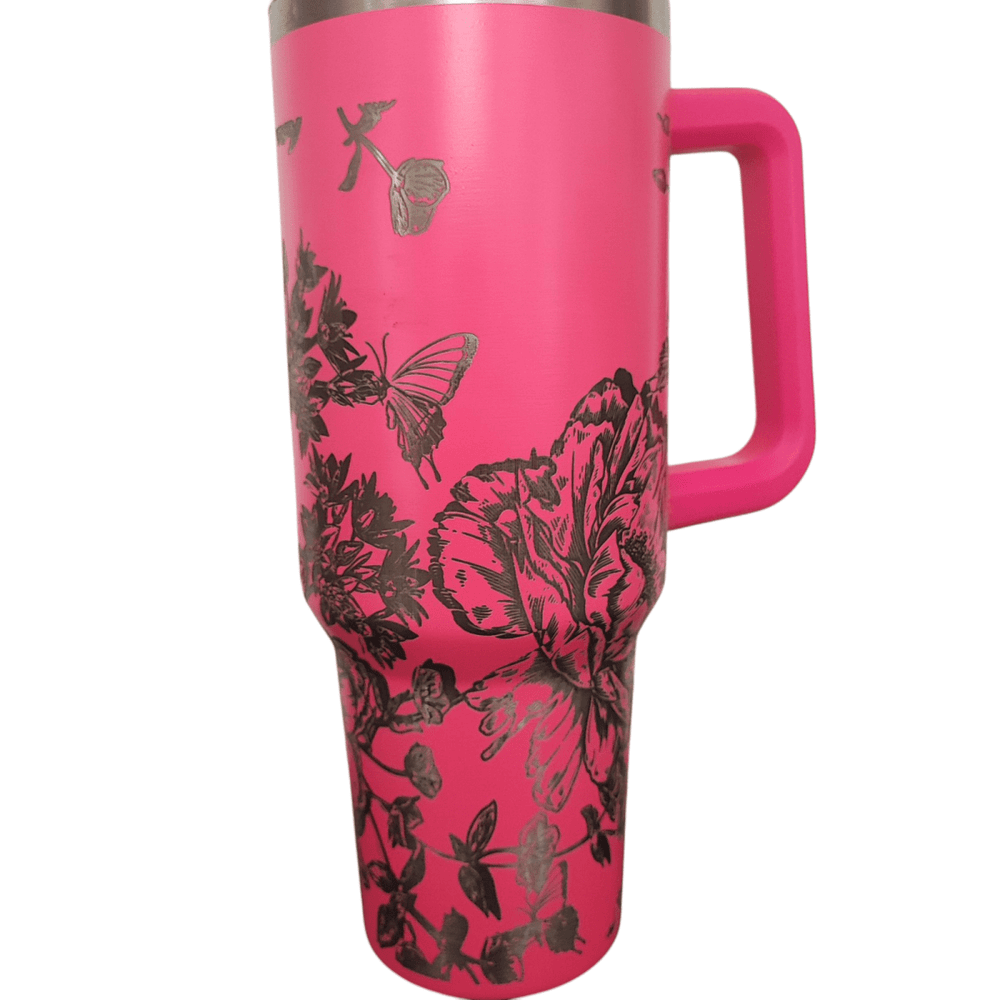 40oz Stanley - Style Floral Butterfly Engraved Tumbler Stainless Steel Travel Mug - East Coast Gifts