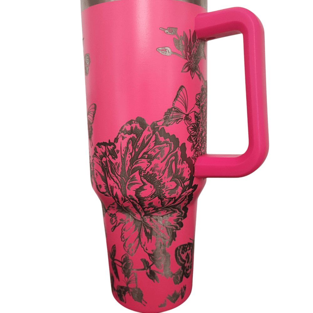 40oz Stanley - Style Floral Butterfly Engraved Tumbler Stainless Steel Travel Mug - East Coast Gifts
