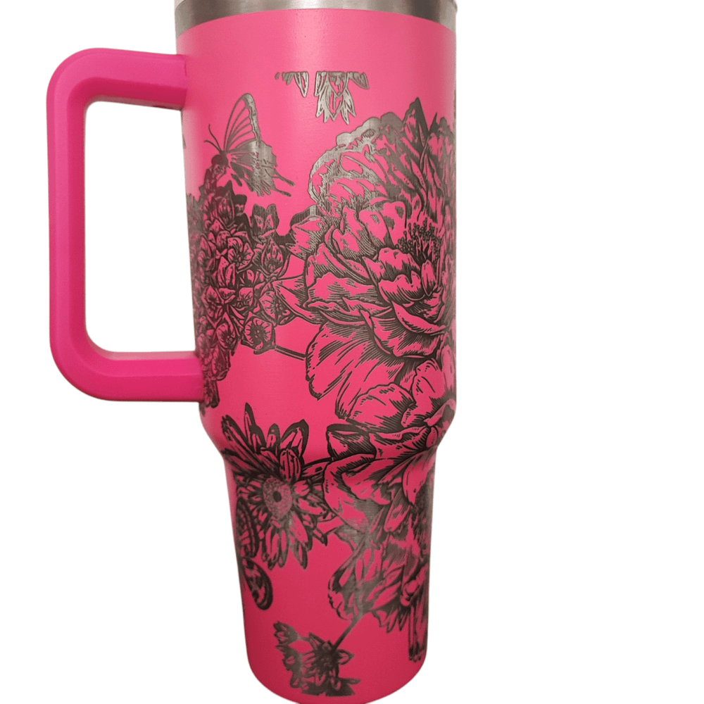 40oz Stanley - Style Floral Butterfly Engraved Tumbler Stainless Steel Travel Mug - East Coast Gifts