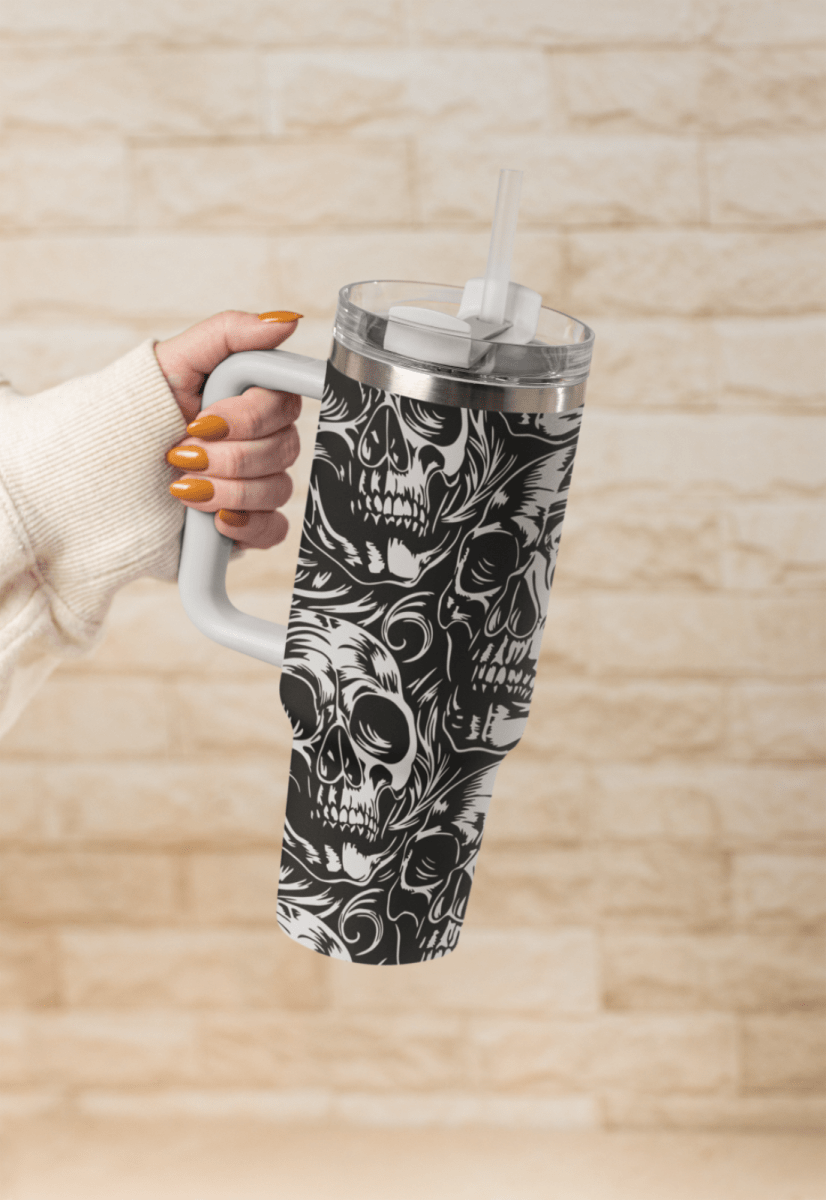 ☠️ 40oz Stanley Styled Skull Tumbler with Handle & Straw Gothic Travel Mug - East Coast Gifts