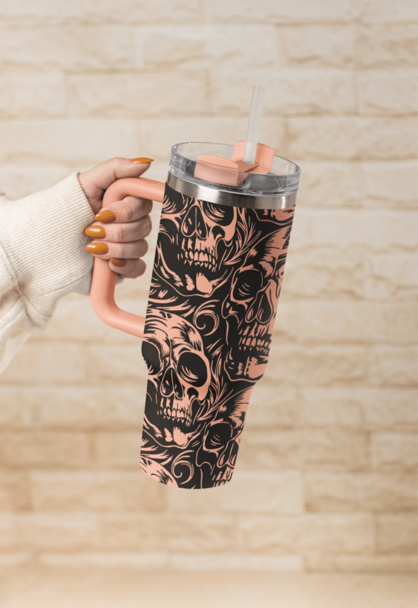 ☠️ 40oz Stanley Styled Skull Tumbler with Handle & Straw Gothic Travel Mug - East Coast Gifts
